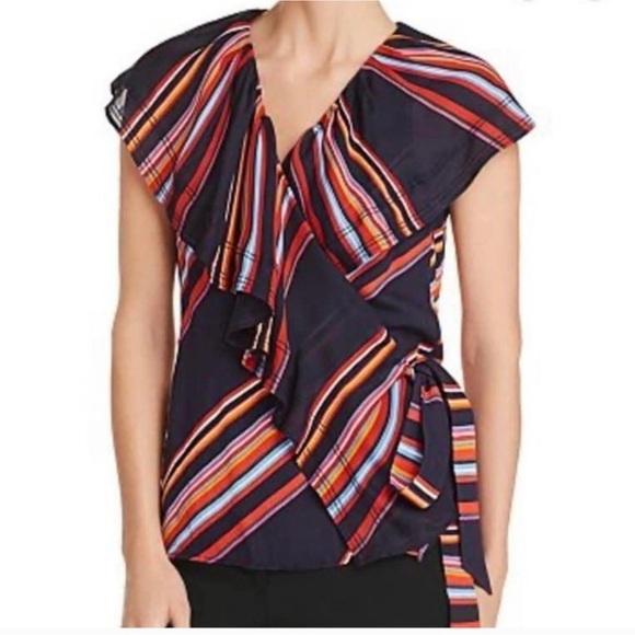 Tory Burch Adelia Top NWT Wrap Silhouette Allover Stripe Ruffle Blouse - Picture 5 of 9